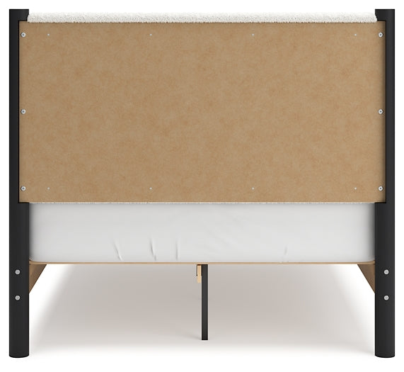 Cadmori Full Upholstered Panel Bed with Mirrored Dresser and Nightstand