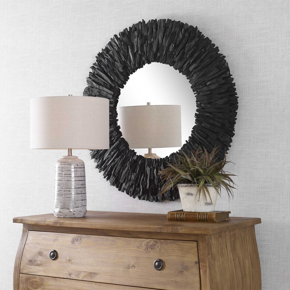 TEAK BRANCH ROUND MIRROR, BLACK