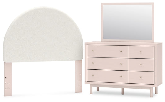 Wistenpine Full Upholstered Panel Headboard with Mirrored Dresser