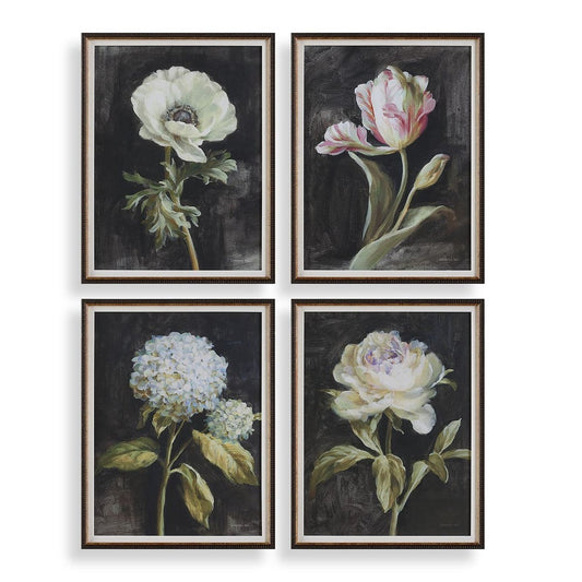 Florals on Black Framed Prints, S/4