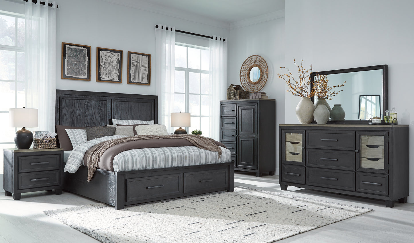 Foyland California King Panel Storage Bed with Mirrored Dresser, Chest and 2 Nightstands