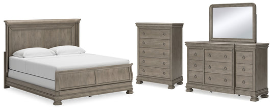 Lexorne California King Sleigh Bed with Mirrored Dresser and Chest